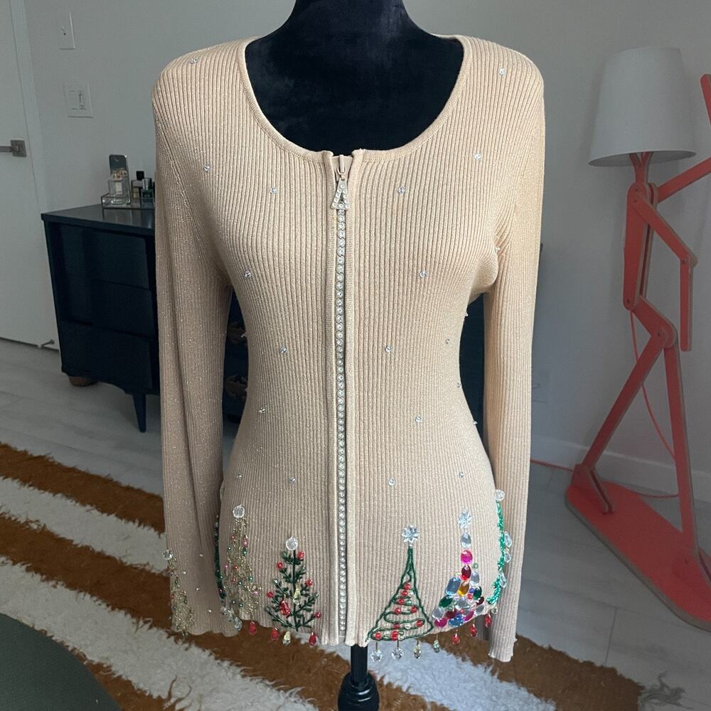Just B Christmas Tree Sweater Medium Tan Rhinestone Ugly CardiganHoliday